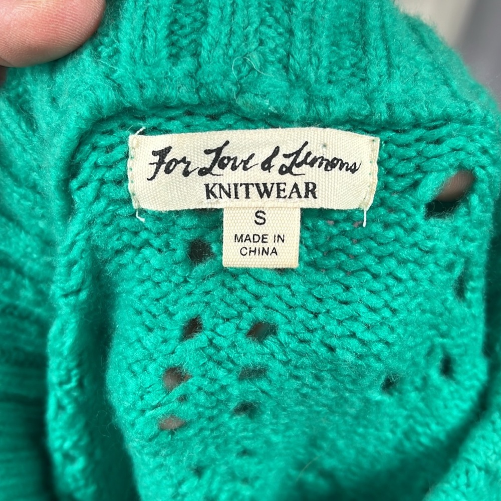 For Love And Lemons Emerald Green Scoop Neck Pointelle Puff Sleeve Sweater - Picture 7 of 9